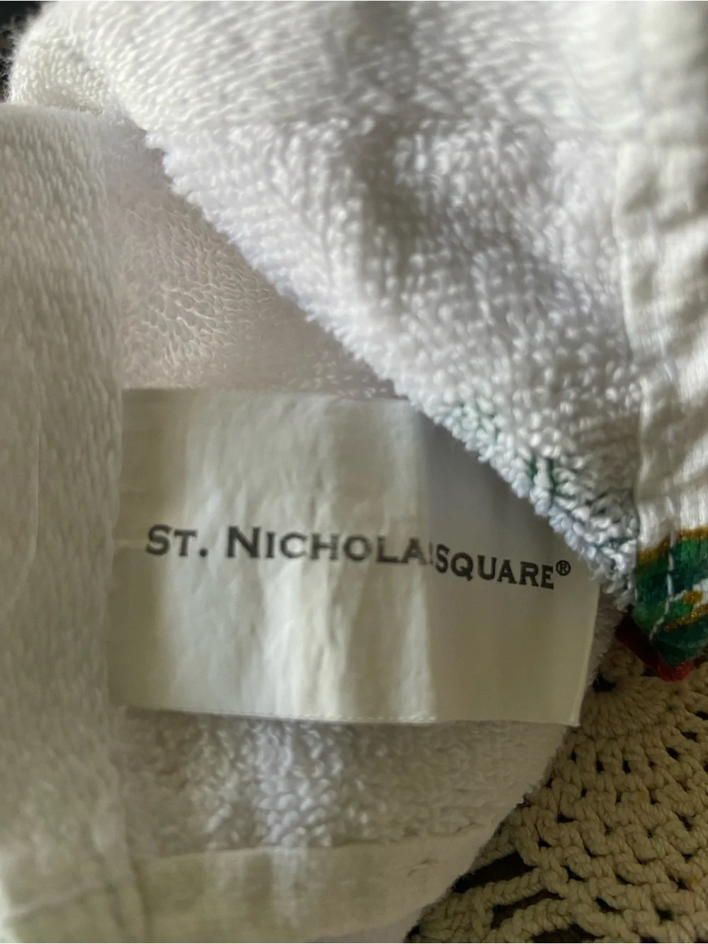 St. Nicholas Square White Hand Towels with Red, Green and Gold Poinsettia Border